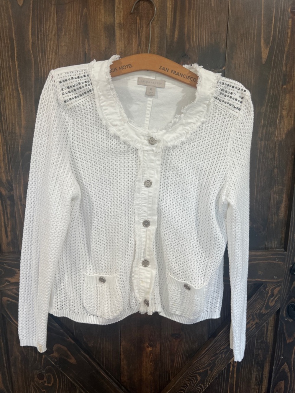 Laura Ashley -White Open-Weave Button Cardigan